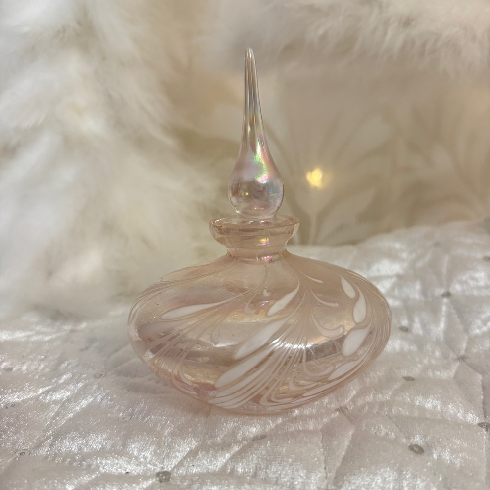 Vintage Iridescent Glass Perfume Bottle Pink and White Atomizer With Stopper